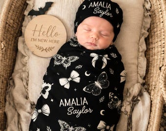 Personalized Goth Baby Swaddle Blanket Celestial Butterfly Newborn Girl Gift Dark Coquette Baby Blanket Custom Name Gothic Nursery
