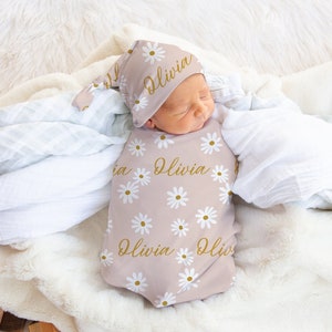 Daisy Swaddle Blanket With Baby Name Newborn Girl Coming Home Blanket Swaddle Set With Matching Hat Pink Swaddle Set