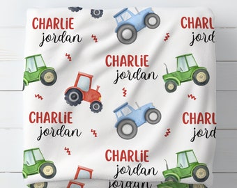 Tractor Swaddle With Name, Farm Soft & Stretchy Swaddle Set, Personalized Baby Blanket, Baby Boy Coming Home Outfit, Farmer Nursery Bedding
