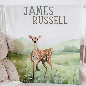 Cobertor de bebê de veado personalizado, cobertor para meninos da floresta, cobertor com nome de vida selvagem, colcha de algodão para caça, presente de bebê de herança da floresta