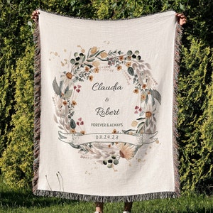 Cotton Anniversary Gift, Flower Wreath Last Name Blanket, Engagement Gift For Couple, Personalized Wedding Jacquard Tapestry Blanket