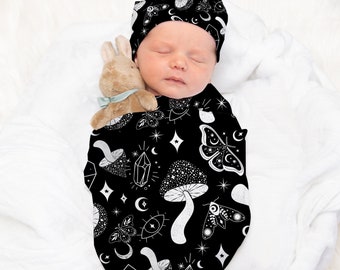 Personalized Mystical Baby Blanket Whimsigoth Newborn Swaddle Celestial Mushroom Moth Blanket Witchy Gothic Baby Shower Gift