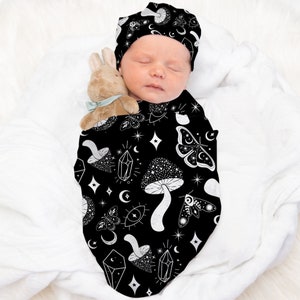 Personalized Mystical Baby Blanket Whimsigoth Newborn Swaddle Celestial Mushroom Moth Blanket Witchy Gothic Baby Shower Gift