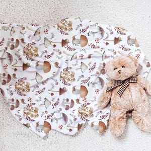 Mushroom Baby Blanket Forest Fungi Leaves Minky Blanket Earthy Color Fall Botanical Nursery Bedding