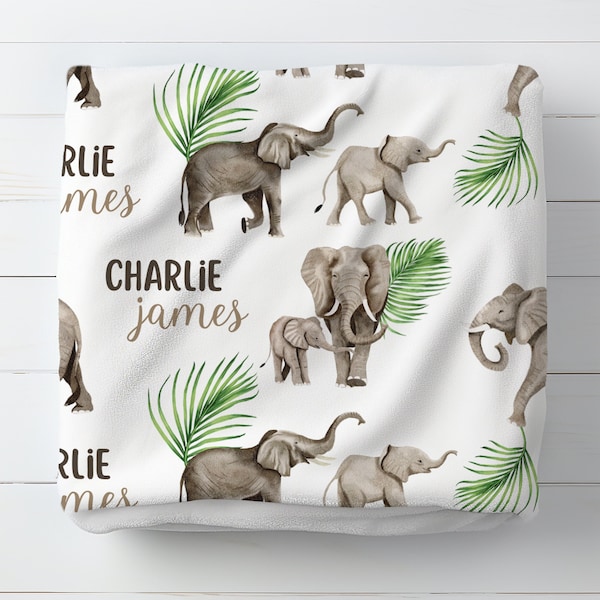 Elephant Baby Blanket With Name, Personalized Safari Jungle Swaddle Set, Soft & Stretchy Swaddle and Hat, Modern Elephant Nursery Bedding