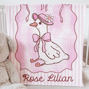 Goose Baby Blanket Girl with Name Coquette Pink Cotton Woven Fringe Blanket Farm Nursery Bedding Storybook Baby Blanket