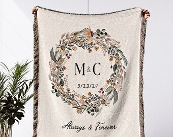 Cotton Anniversary Gift, Personalized His & Hers Initial Blanket, Wild Flowers Wreath Wedding Jacquard Blanket, Keepsake Couple Blanket