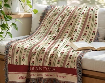 Grandma Mothers Day Gift Personalized Grandkids Names Blanket Vintage Floral Family Keepsake Custom Throw