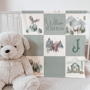 Woodland Baby Blanket With Name Patchwork Forest Animals Buttery Soft Crib Blanket Monogrammed Baby Boy Gift Newborn