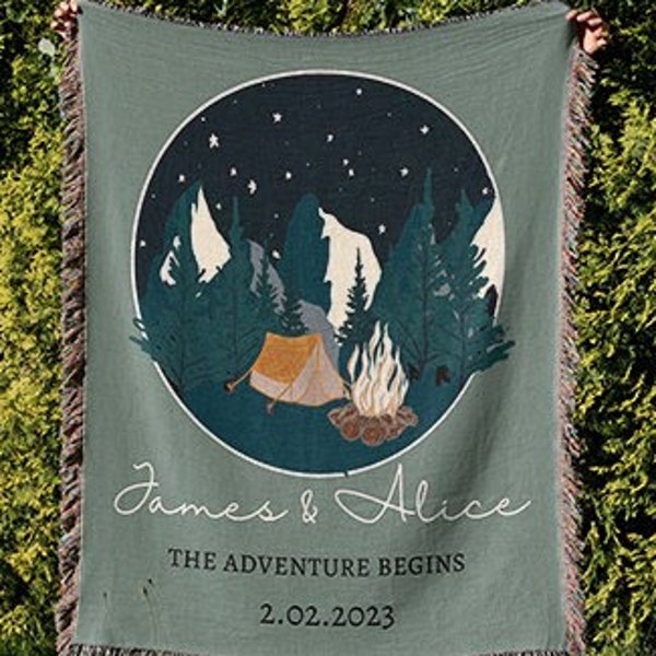 Engagement Gift For Nature Lovers, Camping Gift For Couples, Personalized Mountain Camp Fire Blanket, The Adventure Begins, Anniversary Gift
