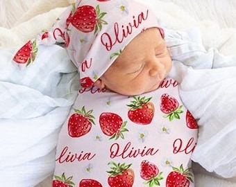 Pink Strawberry Swaddle With Name, Personalized Newborn Baby Girl Swaddle Set, Hospital Outfit Girl, Summer Fruit Custom Baby Blanket