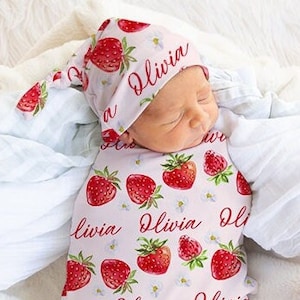Pink Strawberry Swaddle With Name, Personalized Newborn Baby Girl Swaddle Set, Hospital Outfit Girl, Summer Fruit Custom Baby Blanket