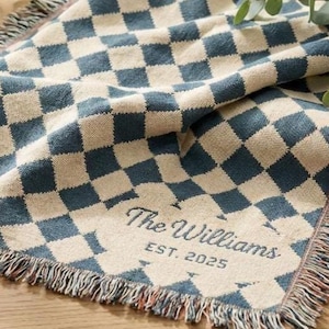 Personalized Couple Woven Blanket Checkered Home Decor Custom Engagement Gift Anniversary Wedding Gift Last Name