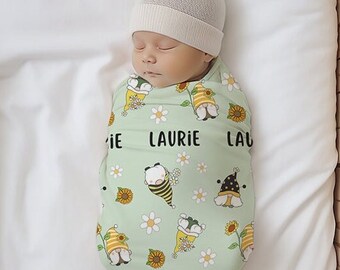 Gnomes Swaddle Set, Sunflower Garden Gnomes Swaddle With Name, Sage Sleepy Gnomes Minky Blanket, Neutral Gender Hospital Take Home Outfit