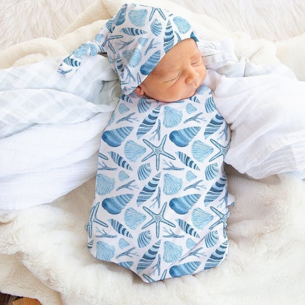Under The Sea Swaddle Blanket, Ocean Theme Swaddle Set With Headband And Beanie Hat, Sea Life Baby Blanket, Soft & Stretchy Baby Bedding