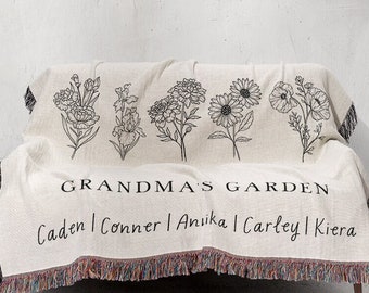 Personalized Grandma's Garden Blanket, Birth Flower Gift From Grandkids, Black & White Minimalist Floral Woven Jacquard Cotton Tapestry