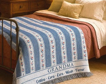 Grandma Woven Blanket Custom Names Vintage Floral Throw Grandma Gift from Grandkids