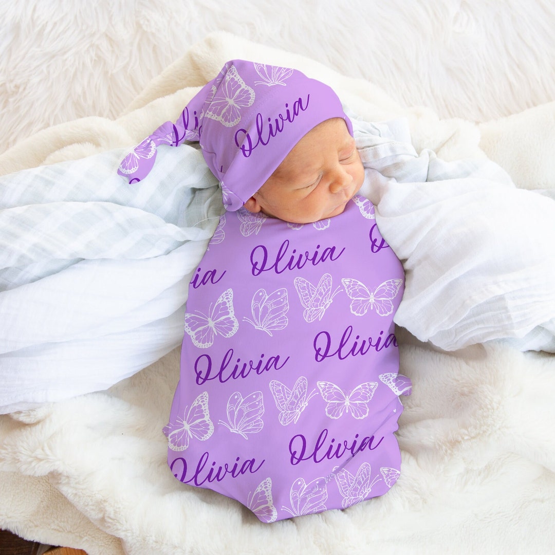 Butterfly Swaddle Blanket With Name, Personalized Newborn Baby Girl