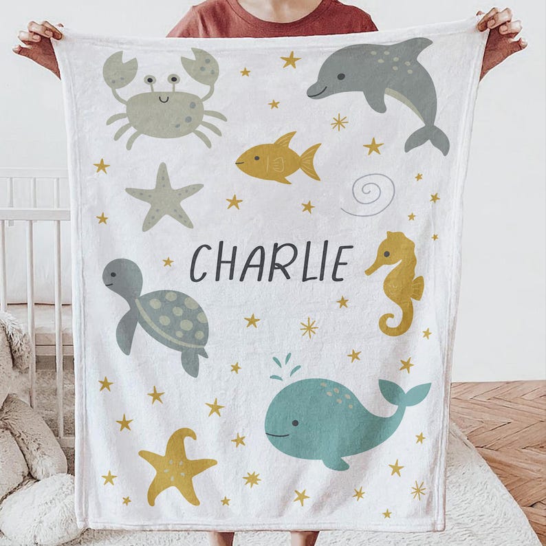 Under the Sea Baby Blanket With Name Woven Cotton or Fleece Blanket ...