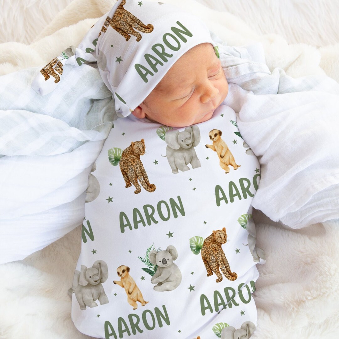 Safari Swaddle Set With Name, Soft & Stretchy Swaddle With Hat