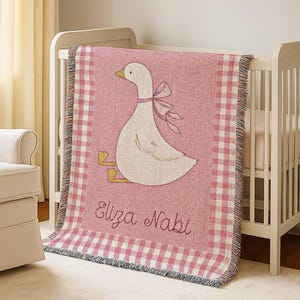 Goose Baby Blanket Girl with Name Gingham Pink Cotton Woven Fringe Blanket Farm Nursery Bedding Storybook Baby Blanket