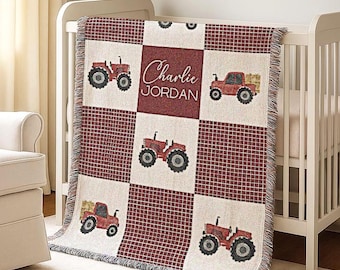 Tractor Baby Blanket with Name Farm Patchwork Woven Cotton or Fleece Blanket Custom Toddler Boy Farm Gift Farm Nursery Bedding Boys