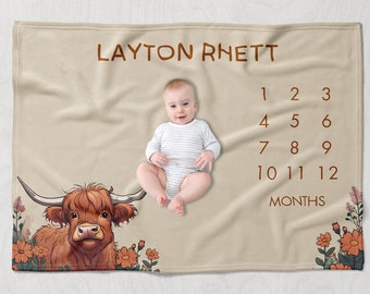 Highland Cow Milestone Blanket Boy, Soft and Cozy Baby Month Blanket, Personalized Baby Shower Gift, Baby's First Year Blanket