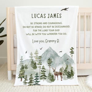 Personalized Woodland Baptism Gift, Blessing Message Baby Blanket, Be Strong Be Courageous Bible Verse, 1st Birthday Gift From Godmother