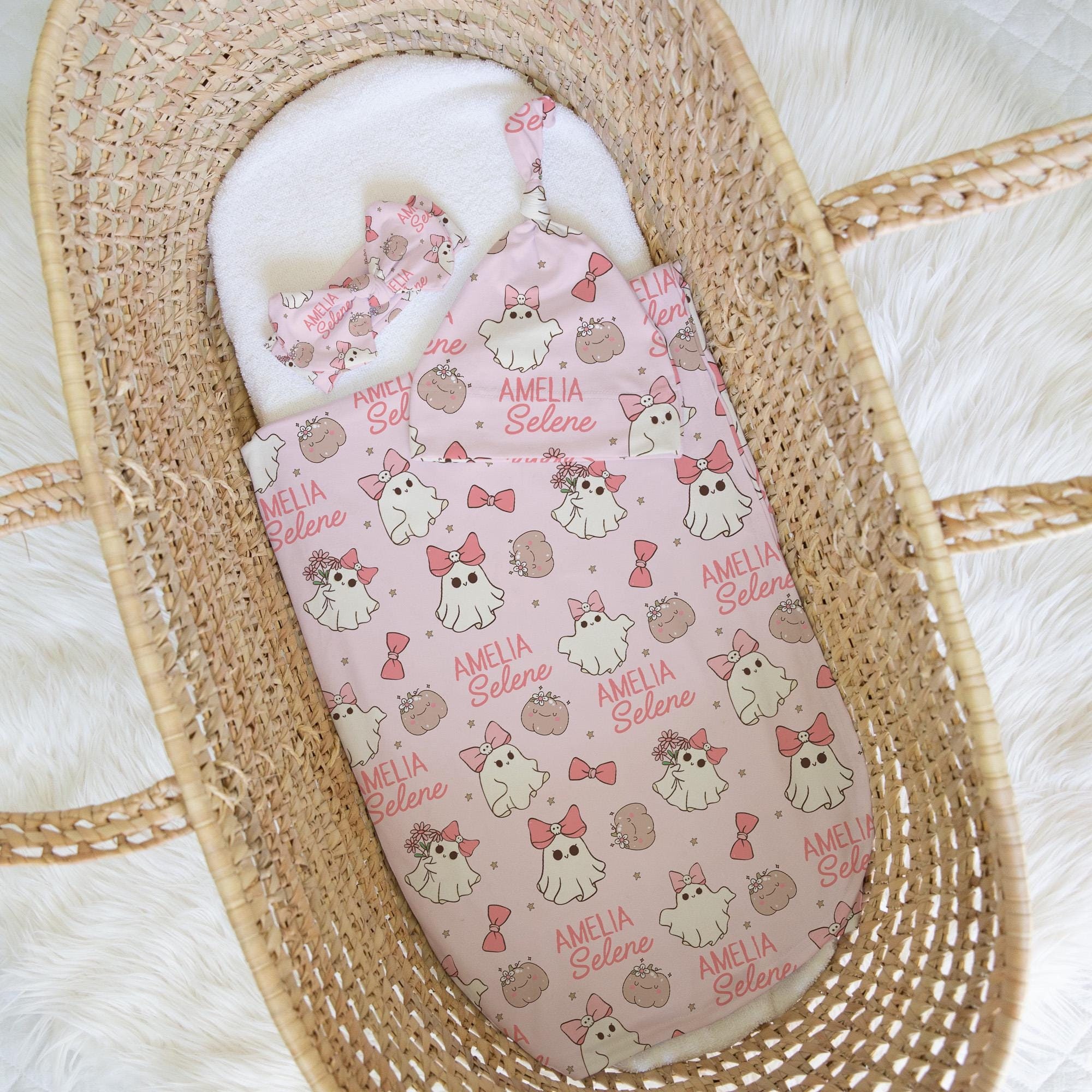 Pink Halloween Swaddle With Name Personalized Soft & Stretchy Swaddle and Hat Spooky Coquette Baby Blanket Halloween Crib Blanket Ghost Girl