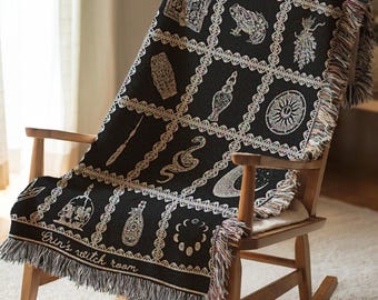 Witchy Tapestry Blanket: Black & White Celestial Occult Woven Throw