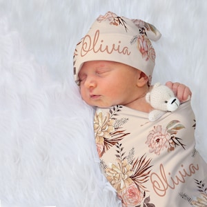 Personalized Boho Floral Swaddle Blanket Set, Soft Pink Baby Swaddle With Name, Soft & Stretchy Swaddle, Hat And Headband, Boho Nursery