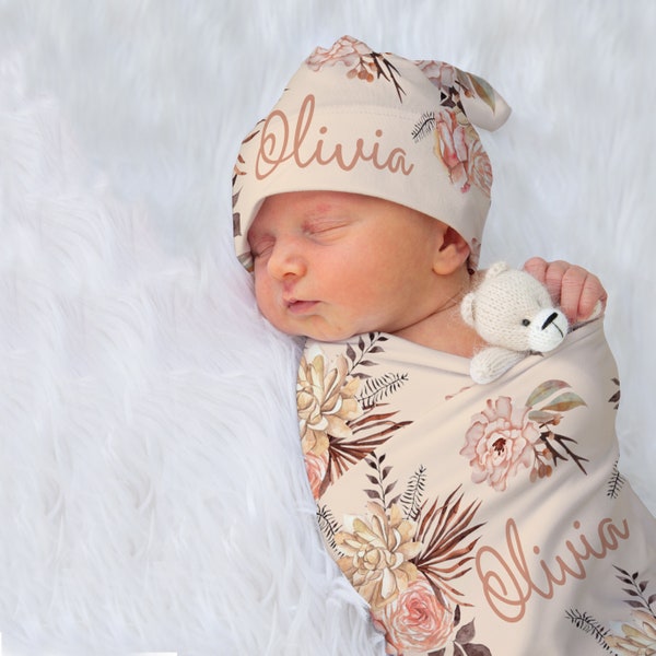 Personalized Boho Floral Swaddle Blanket Set, Soft Pink Baby Swaddle With Name, Soft & Stretchy Swaddle, Hat And Headband, Boho Nursery