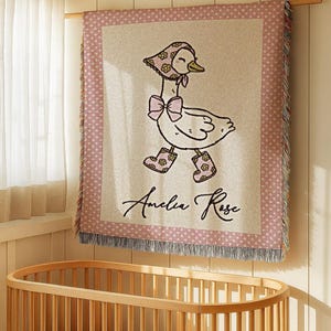 Goose Baby Blanket Girl with Name Coquette Pink Cotton Woven Fringe Blanket Farm Nursery Bedding Storybook Baby Blanket