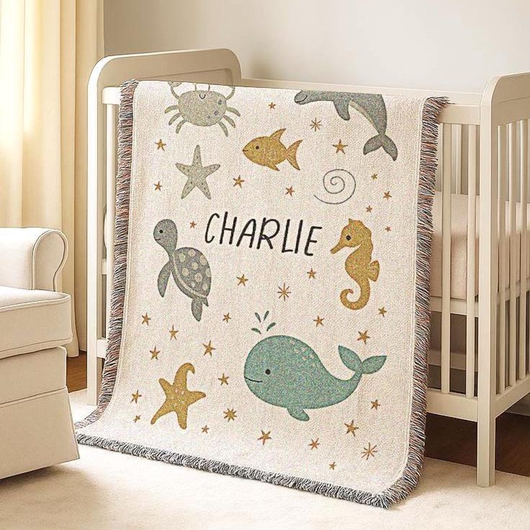 Under the Sea Baby Blanket With Name Woven Cotton or Fleece Blanket ...