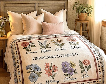 Personalized Grandma's Garden Blanket, Birth Flower Gift From Grandkids, Vintage Floral Woven Jacquard Cotton Tapestry, Keepsake Blanket