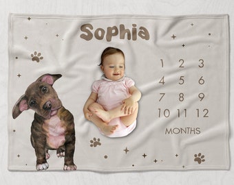 Pitbull Puppy Milestone Blanket, Furry Friend Themed Growth Tracker, Personalized Dog Pup Baby Shower Gift, Dog Lover Baby Month Blanket