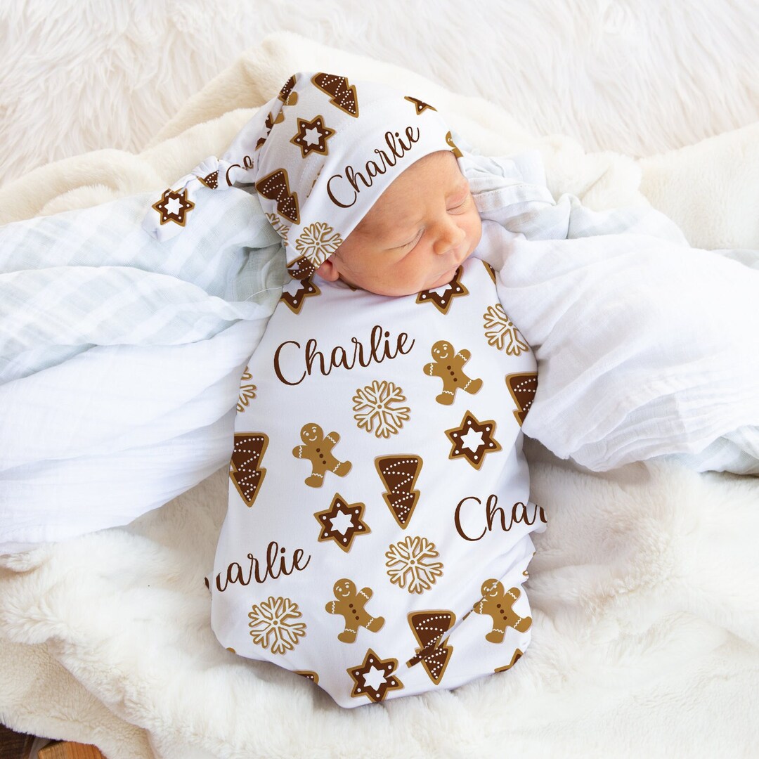 Christmas Cookie Swaddle Blanket With Name, Gingerbread Swaddle Set