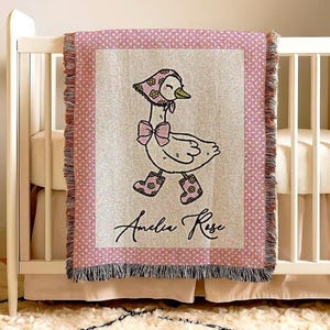 Goose Baby Blanket Girl with Name Coquette Pink Cotton Woven Fringe Blanket Farm Nursery Bedding Storybook Baby Blanket