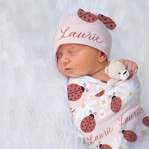 Ladybug Swaddle With Name, Soft and Stretchy Girl Swaddle With Hat & Headband, Pink Ladybug and Daisies Nursery Bedding, Newborn Fleece Wrap
