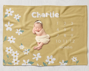 Daisy Milestone Blanket Girl, Buttery Soft Baby Month Blanket, Personalized Baby Girl Shower Gift, Mustard Boho Daisies Baby Blanket