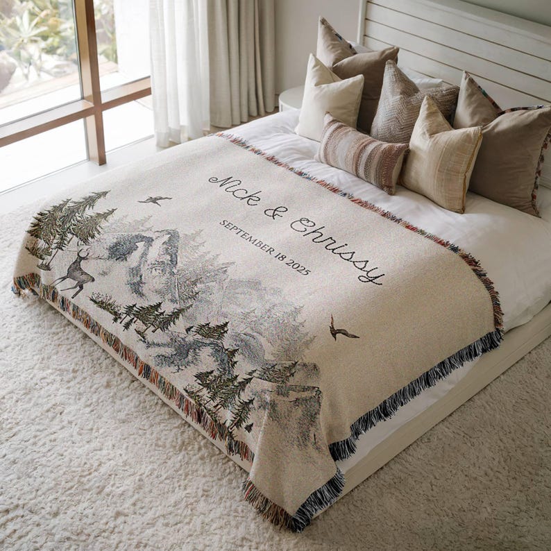 Outdoorsy Couple Blanket Nature Lovers Engagement Gift Adventure Couples Anniversary Personalized Mountain Woven Cotton Fringe Throw Blanket