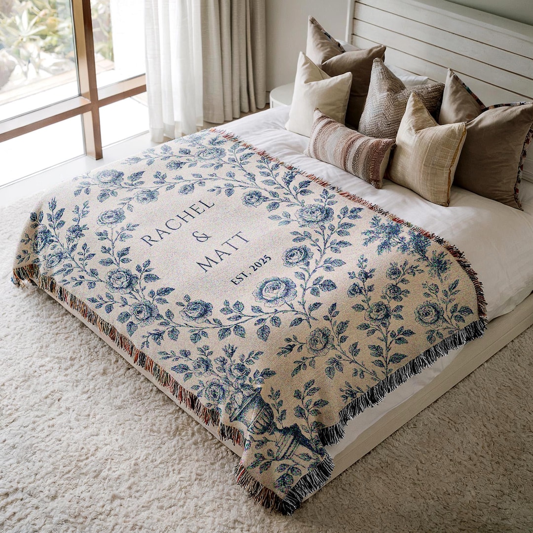 Cotton Anniversary Woven Blanket Vintage French Floral Home Decor Newlyweds Engagement EST. Date Toile Blue Housewarming Cozy Gift - Fleece Minky 60x80", Blue