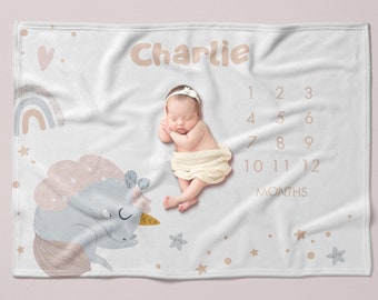 Sleeping Unicorn Milestone Blanket Girl, Buttery Soft Baby Month Blanket, Personalized Baby Shower Gift, Boho Unicorn Fantasy Themed Nursery