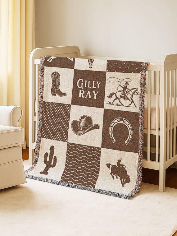 Western Baby Blanket with Name Cowboy Patchwork Woven Quilt Ranch Blanket Boy Western Nursery Crib Blanket Monogram Fringe Throw Longhorne