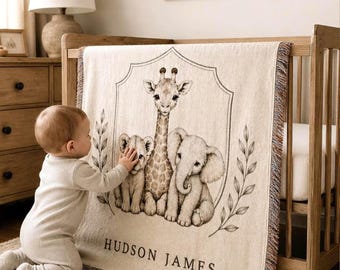 Safari Baby Blanket Personalized Newborn Woven Blanket Keepsake Elephant Giraffe Lion Nursery Decor