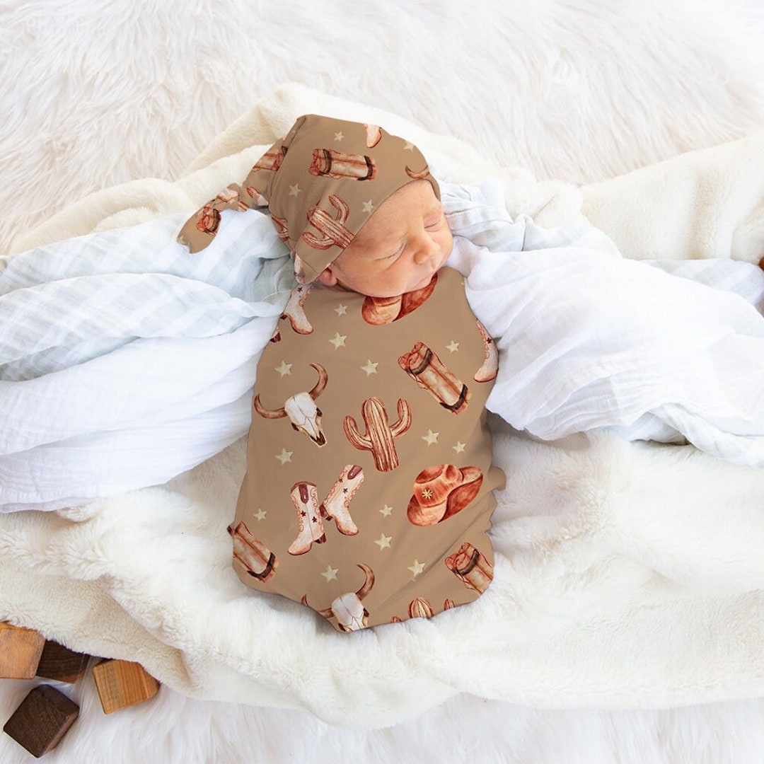 Western Cowboy Swaddle, Soft & Stretchy Swaddle Set With Hat, Country