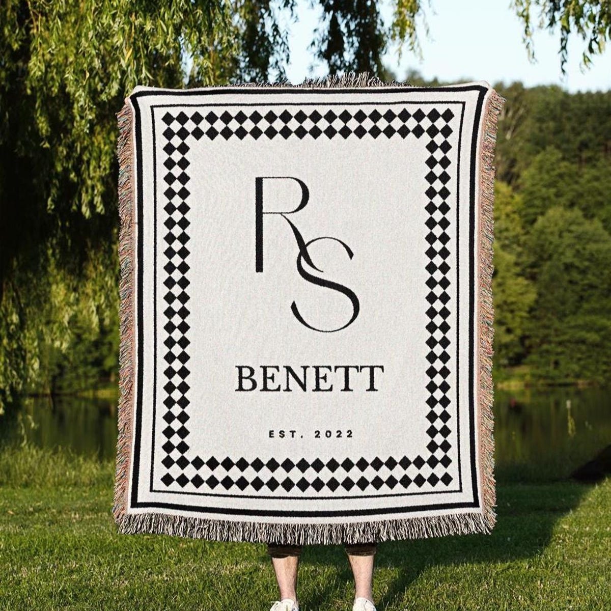 Last Name Monogram Blanket Custom Elegant Wedding Gift Couple Luxe Monochrome Classic Housewarming Gift Newlyweds Checkerboard Woven Throw - Etsy