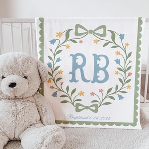 Manta de bebé con monograma, regalo de bautizo, manta de cuna heredada, manta de bautizo para guardería, regalo de bautizo con nombre, manta de bebé preppy para ahijado