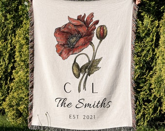 Vintage Flower Cotton Blanket, Cotton Anniversary Gift, Wedding Anniversary Flower Woven Tapestry, Couple Last Name Custom Engagement Gift