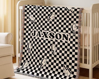 Karierte gewebte Baumwolle Babydecke Personalisierte coole Kinderdecke Blitz Bolt Decke Kinderzimmer Dekor